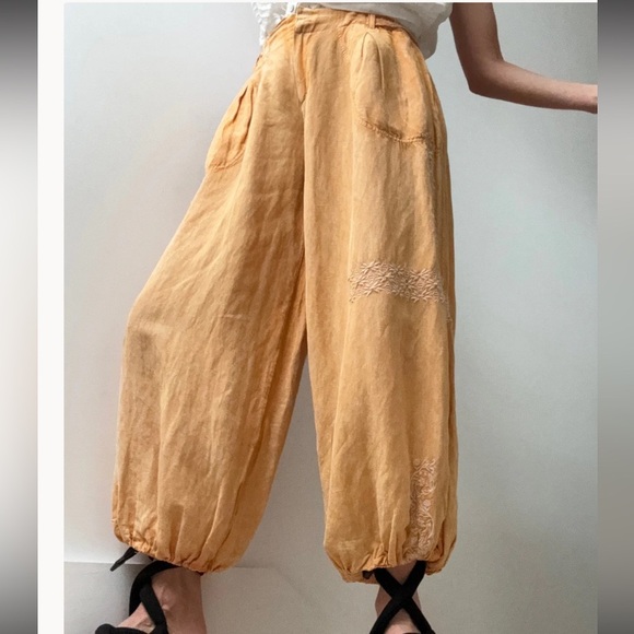 Anthropologie Peach / Light Orange Embroidered Linen Harem Pants - {Small" - Picture 1 of 11